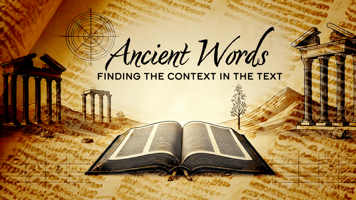 Ancient Words sermon series graphic featuring open Bible with Greek temple ruins and ancient manuscript background