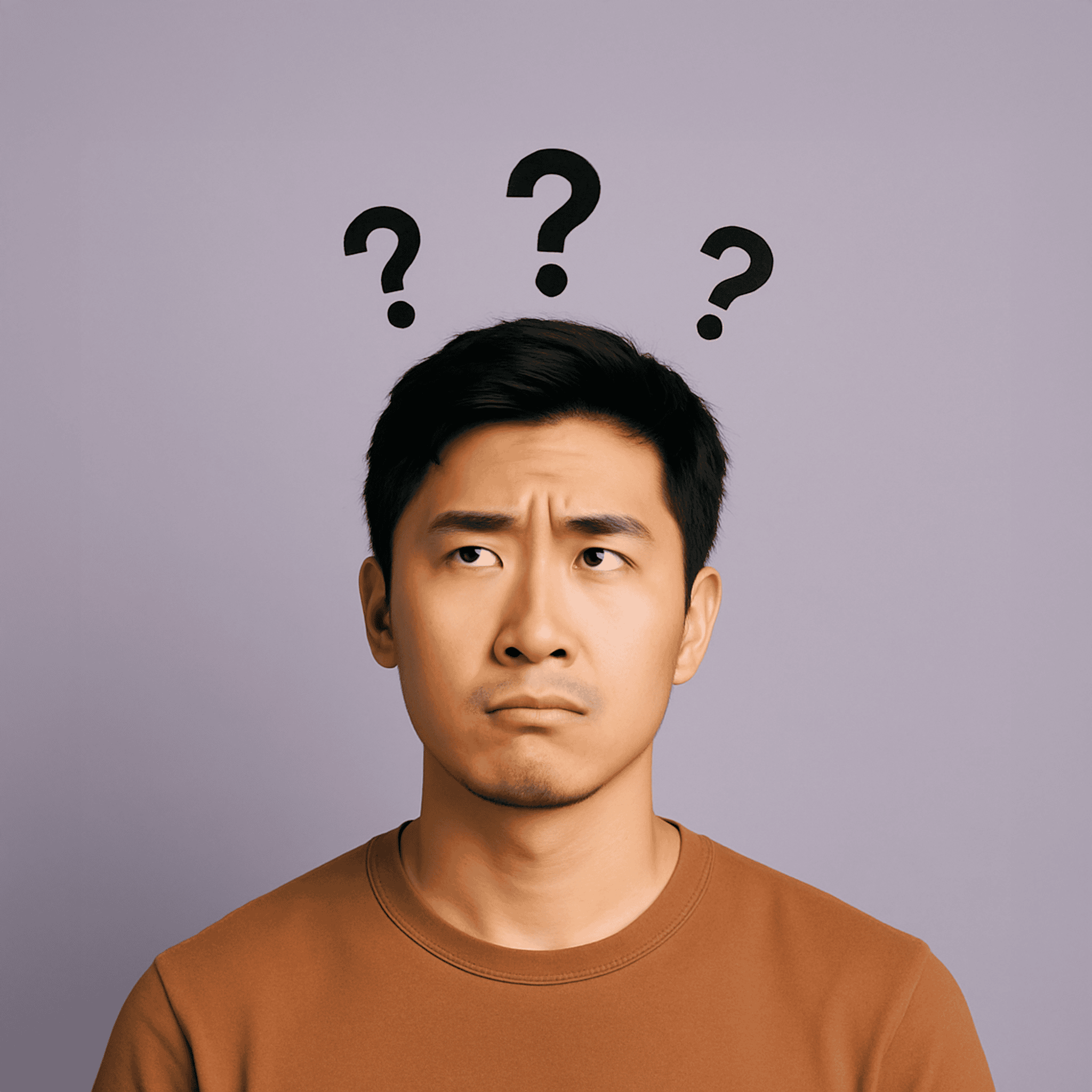 Young man with puzzled expression looking upward with question marks above his head, contemplating questions about faith and life