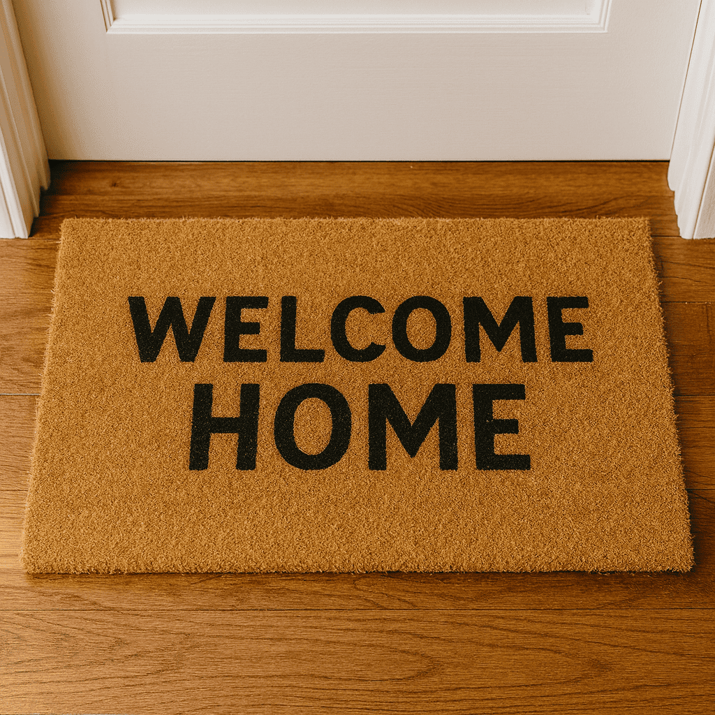 Tan coir doormat with "WELCOME HOME" in black letters on hardwood floor by white door
