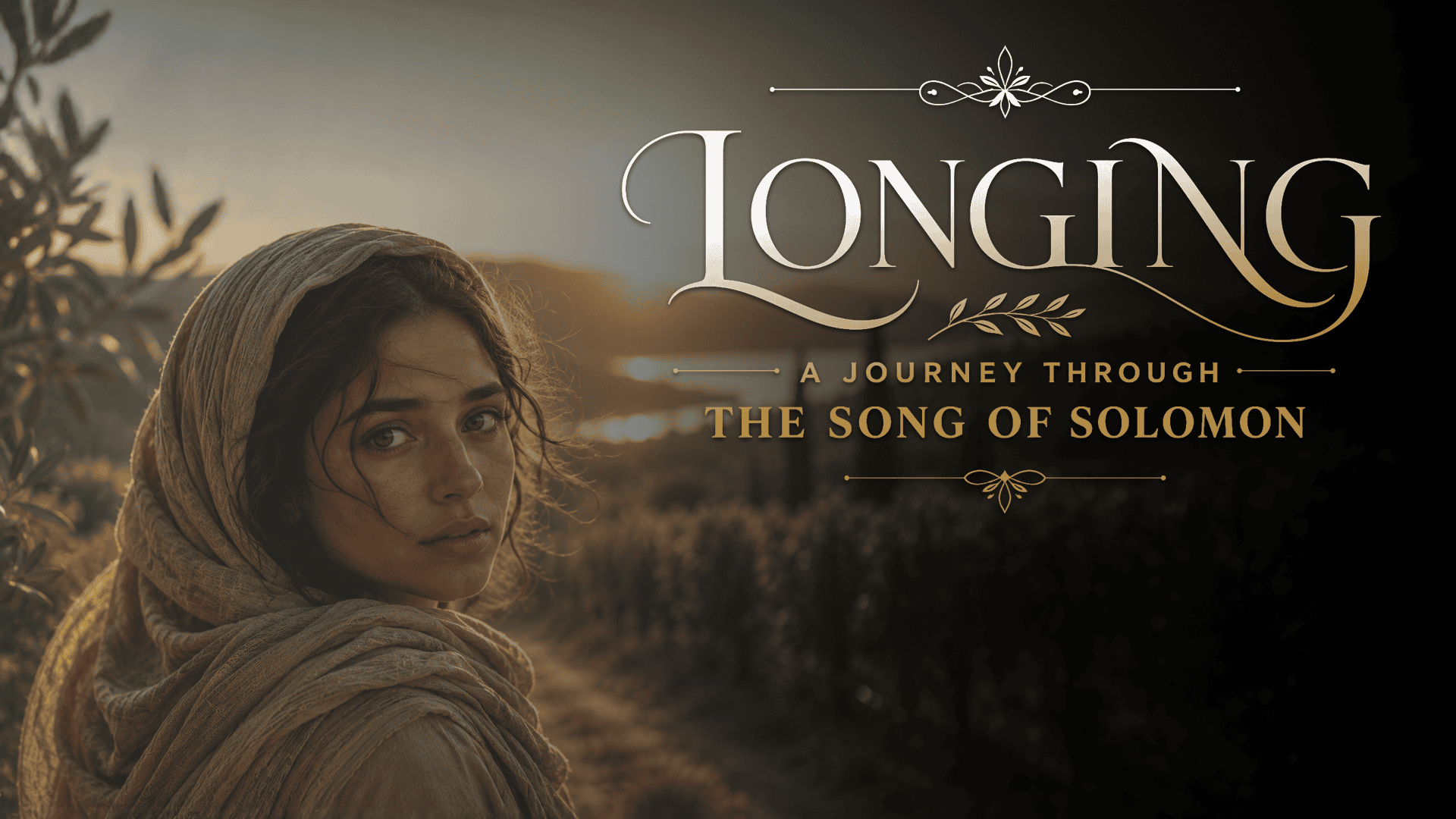Woman wearing headscarf gazing over hillside landscape with text "Longing: A Journey Through The Song of Solomon