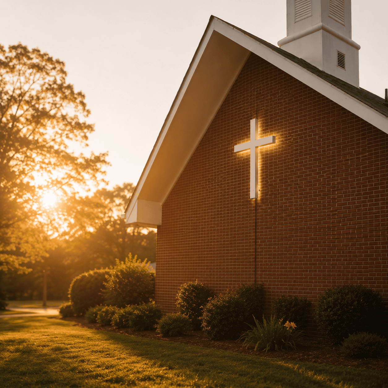 front Illuminated cross glowing on brick church exterior at sunset with steeple and landscaped grounds visible.