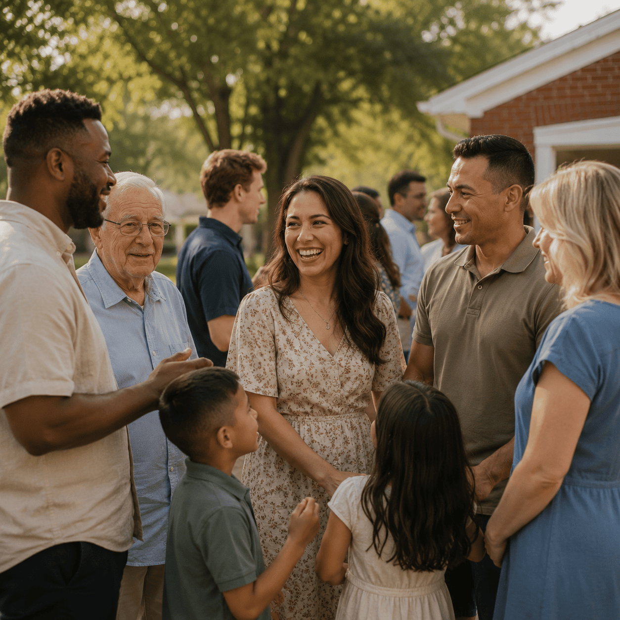 group Diverse church community gathering outdoors on church grounds, with families and seniors enjoying fellowship together on a sunny day.