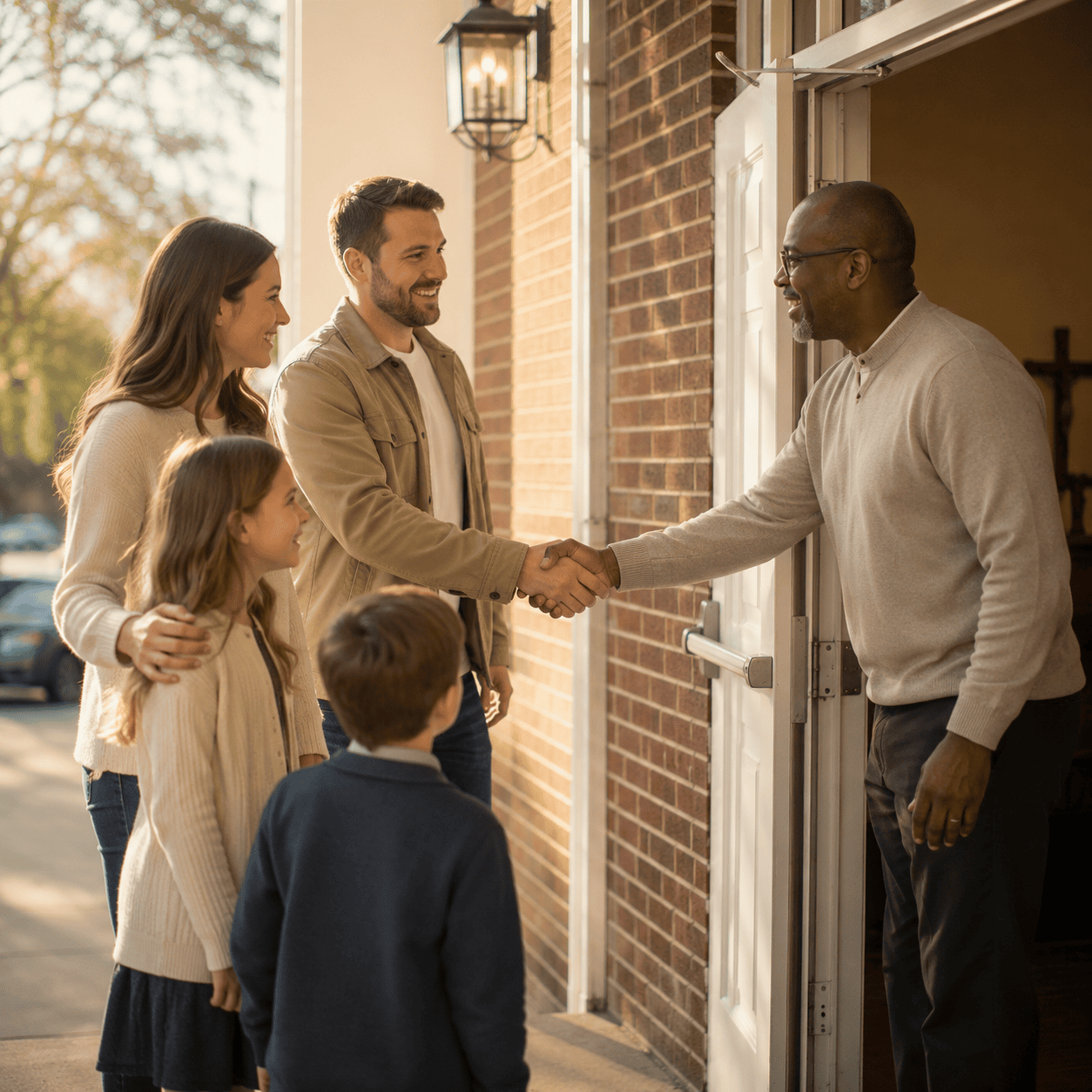 handshake Pastor Phil Graves welcomes a family at the church entrance on a sunny day