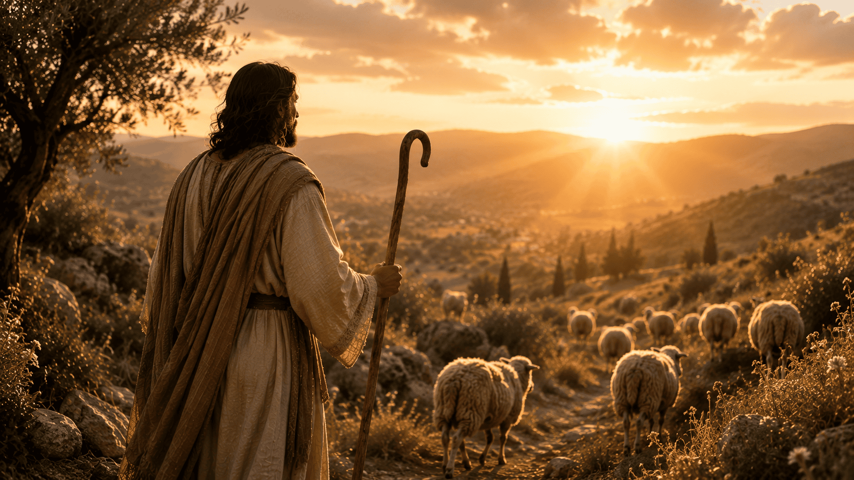 d2week2 Shepherd in biblical robes tending flock of sheep on hillside at golden sunset with Mediterranean landscape