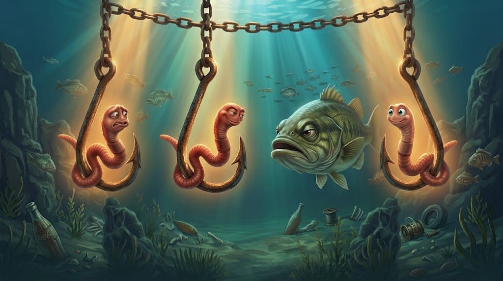 blog3 Underwater scene with fishing hooks dangling from chains containing worms and a large green fish, surrounded by seaweed and debris on ocean floor.