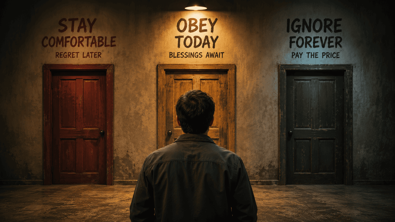 Person facing three doors with contrasting messages: comfort and regret, obedience and blessings, or ignoring consequences—illustrating life choices and spiritual decisions.