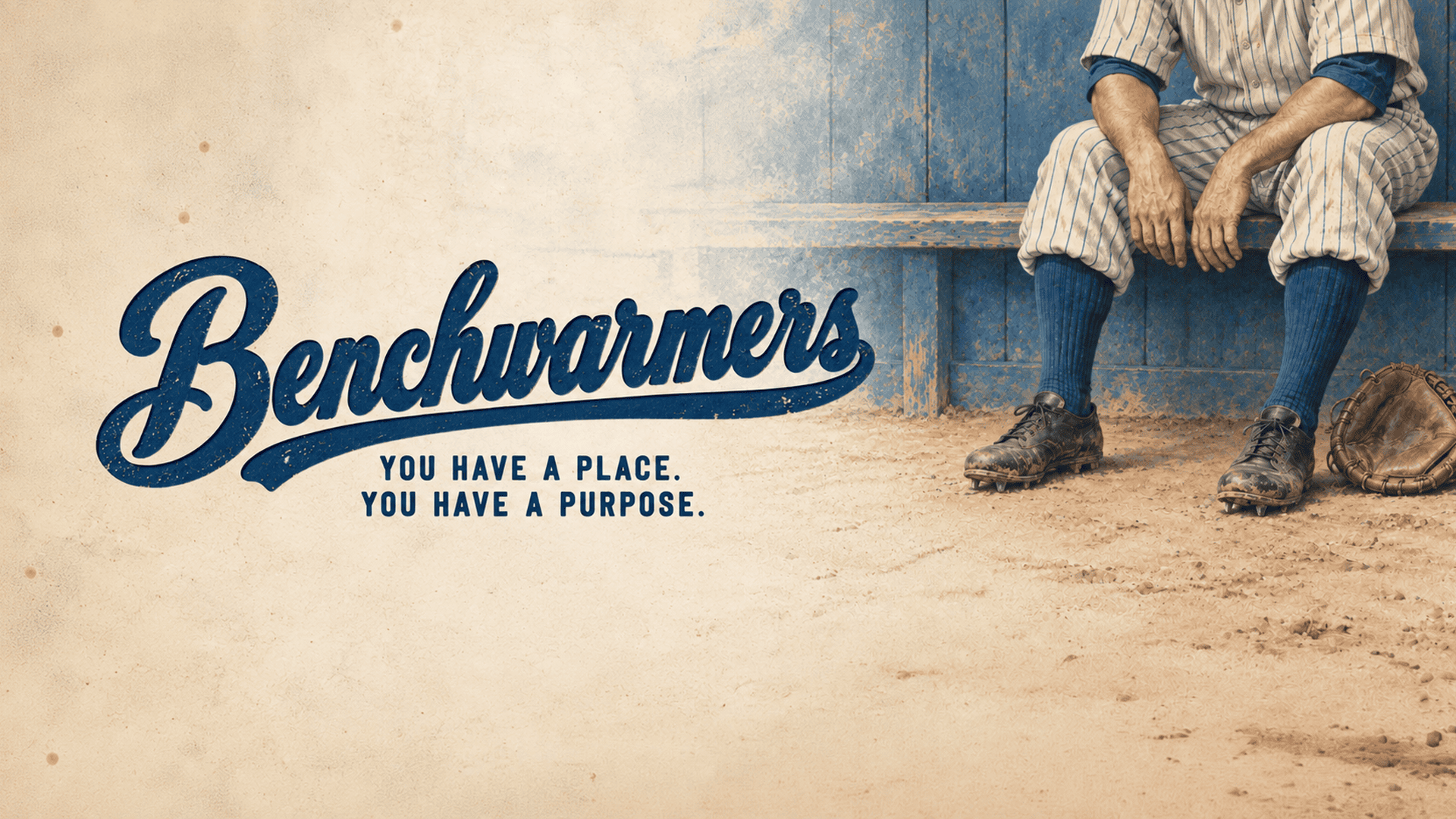 Baseball player sitting on dugout bench with text "Benchwarmers You have a place. You have a purpose.
