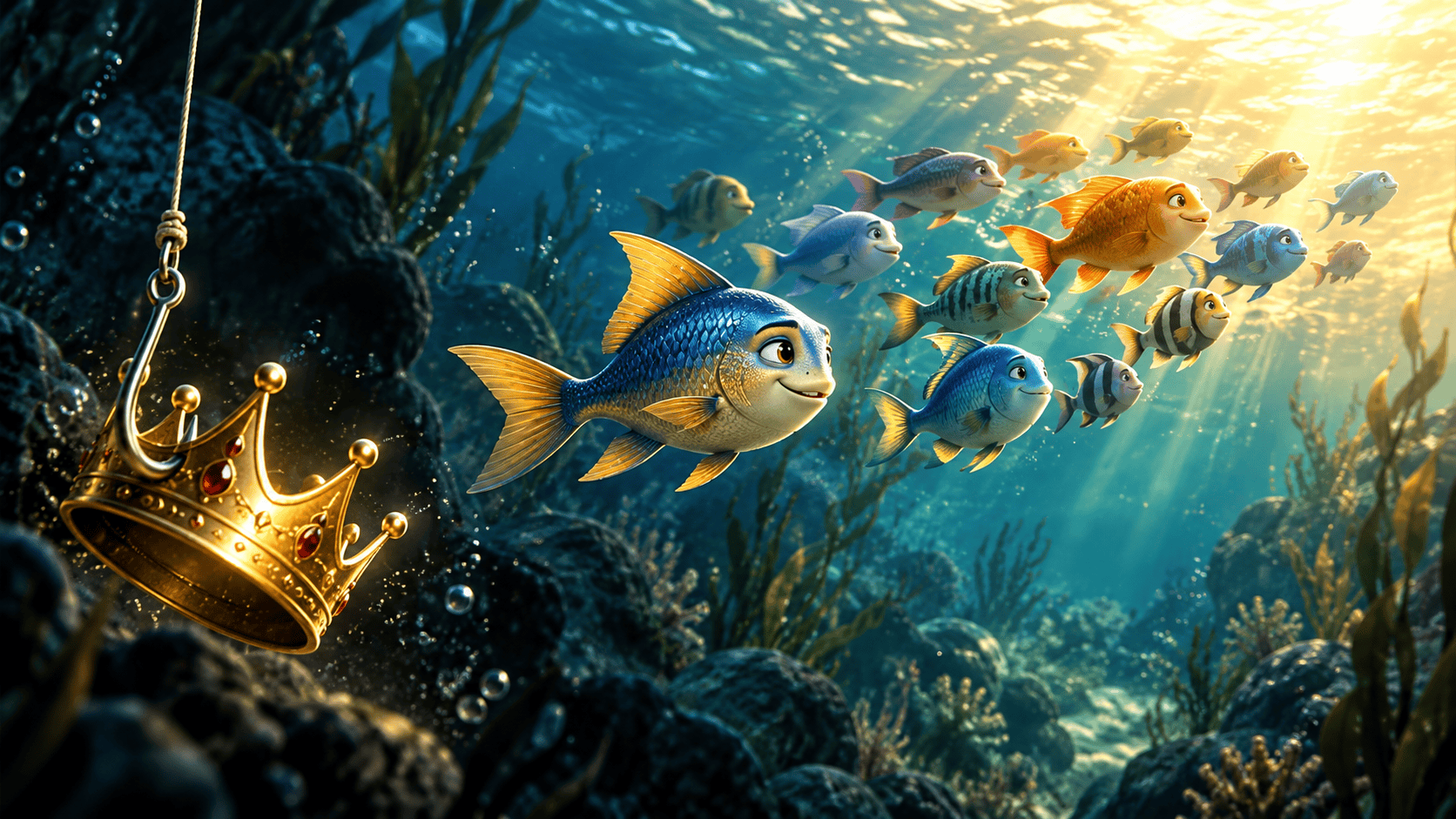Animated fish swimming underwater near a golden crown, surrounded by aquatic plants and sunlight filtering through water.