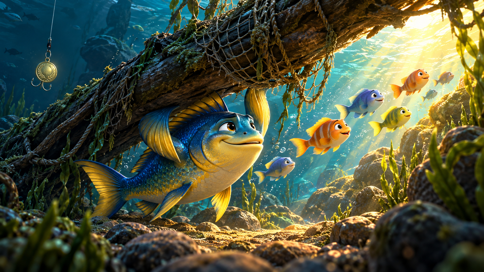 Animated blue fish with golden fins exploring underwater wreck with colorful fish school and sunlight filtering through water