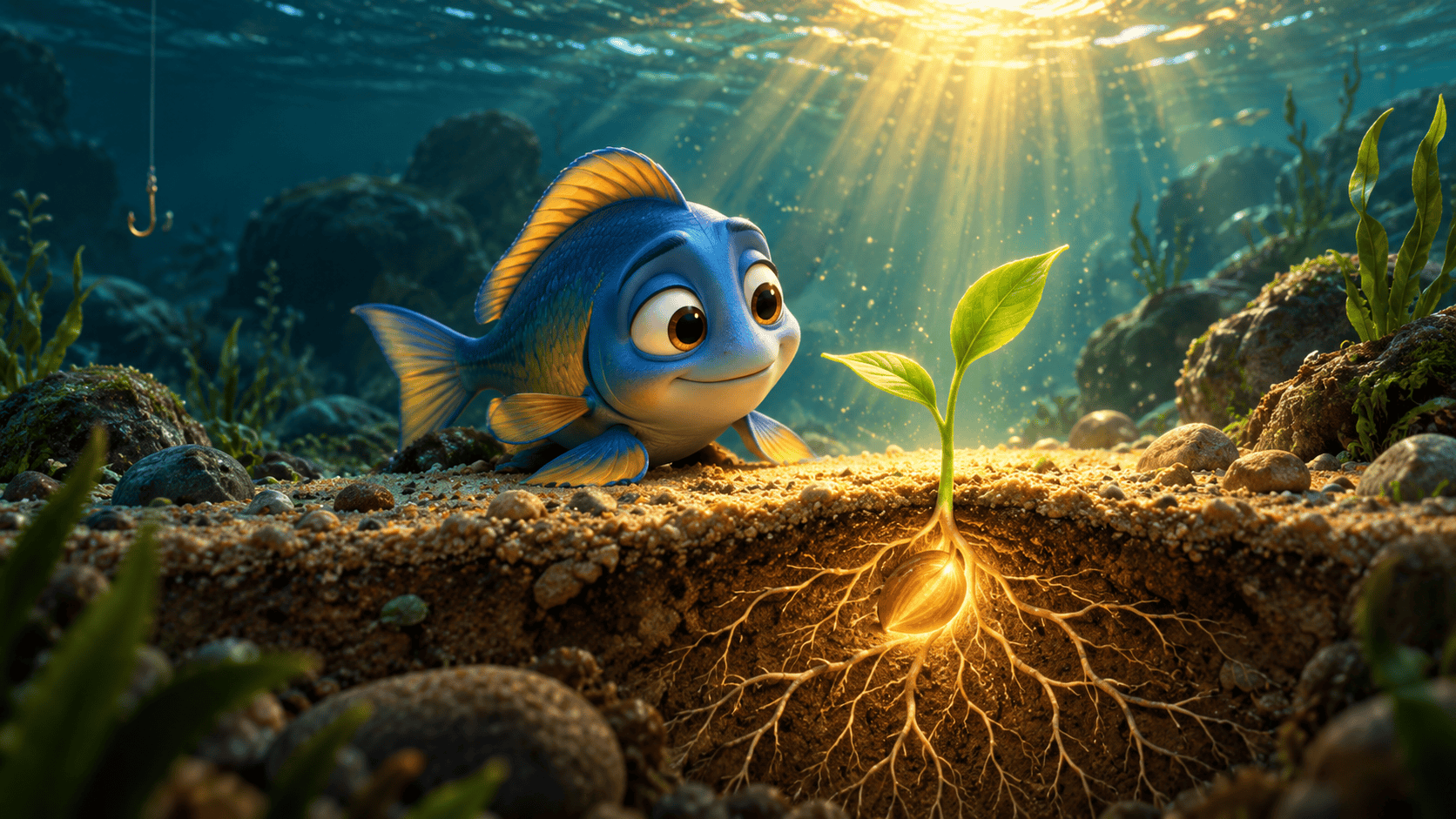 Animated blue fish with golden fins exploring underwater seafloor with glowing plant roots and sunlight filtering through water