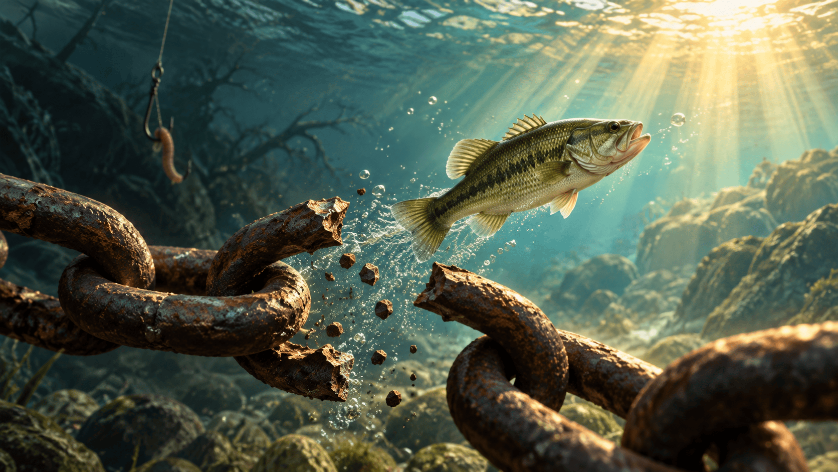 Bass fish jumping toward hook near submerged wooden chains in sunlit underwater scene