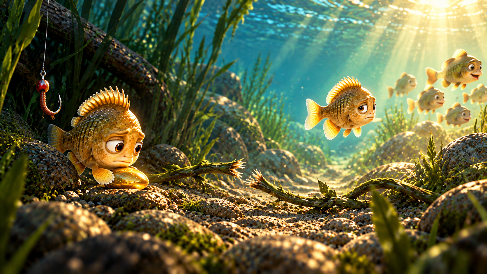 Cartoon fish with large eyes underwater among aquatic plants, rocks, and a red fishing hook, illuminated by sunlight filtering through water.