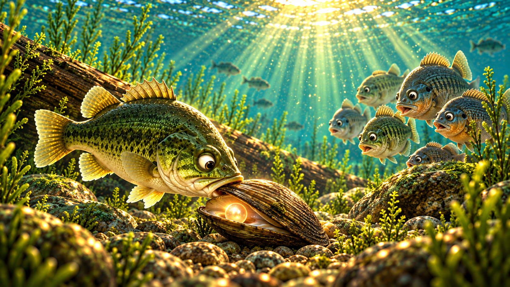 Underwater scene with large bass examining a glowing mussel shell surrounded by smaller fish and aquatic plants with sunlight filtering through water.