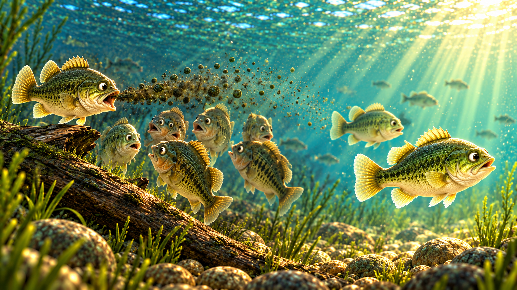 w2-b3 School of fish swimming underwater with sunlight filtering through water, surrounded by aquatic plants and rocks.