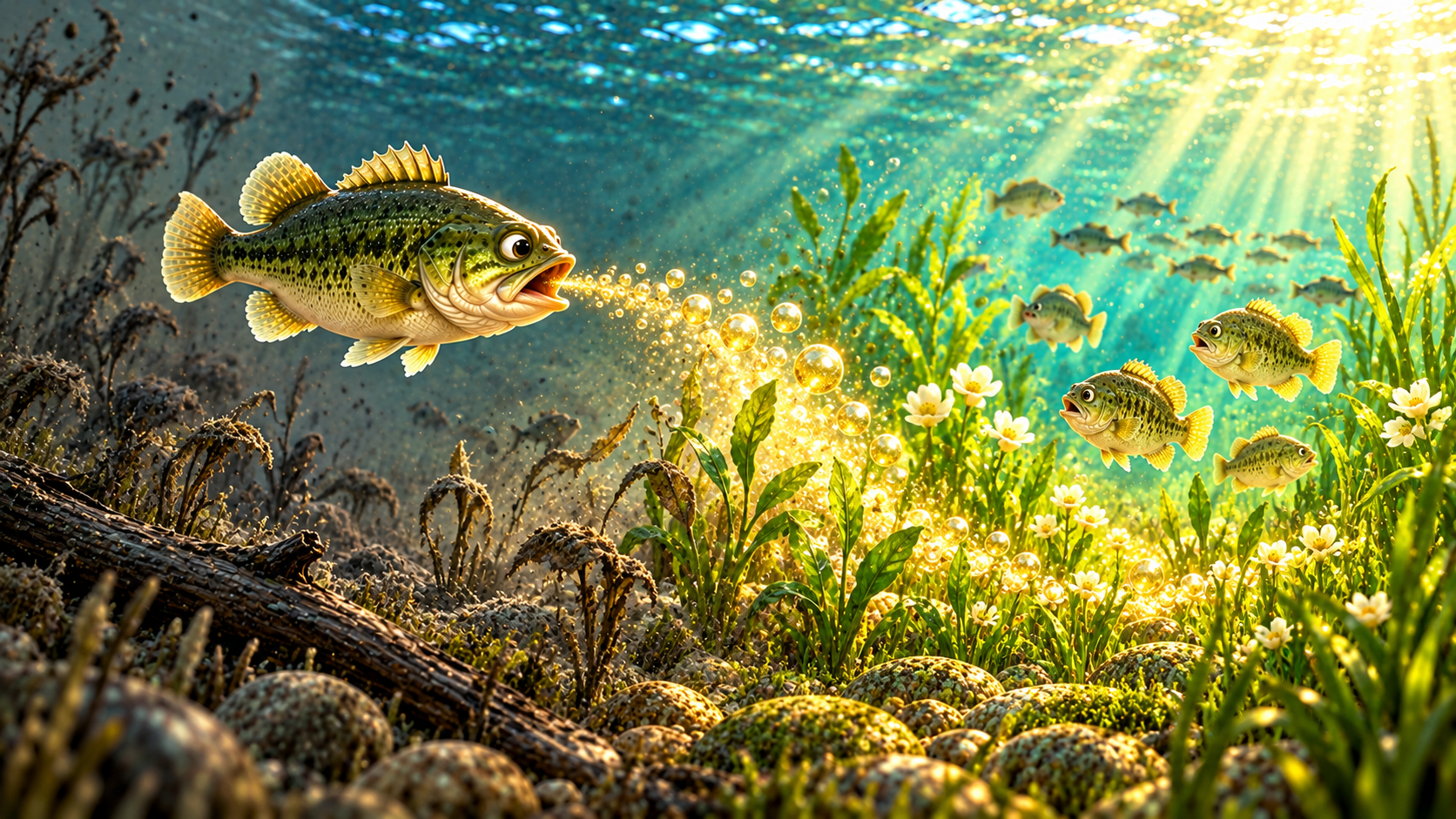 Sunlit underwater scene with yellow fish swimming among aquatic plants and white flowers, symbolizing God's creation and new life.