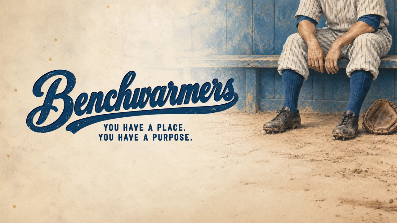 Benchwarmers Title Baseball player sitting on dugout bench with text "Benchwarmers You have a place. You have a purpose.