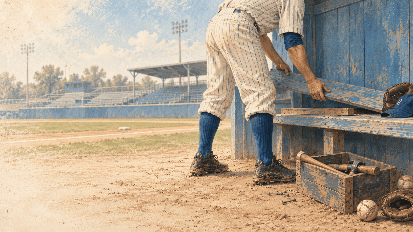 b1 Vintage baseball player in pinstriped uniform and blue socks sitting in dugout with weathered bench and baseball equipment visible on field.
