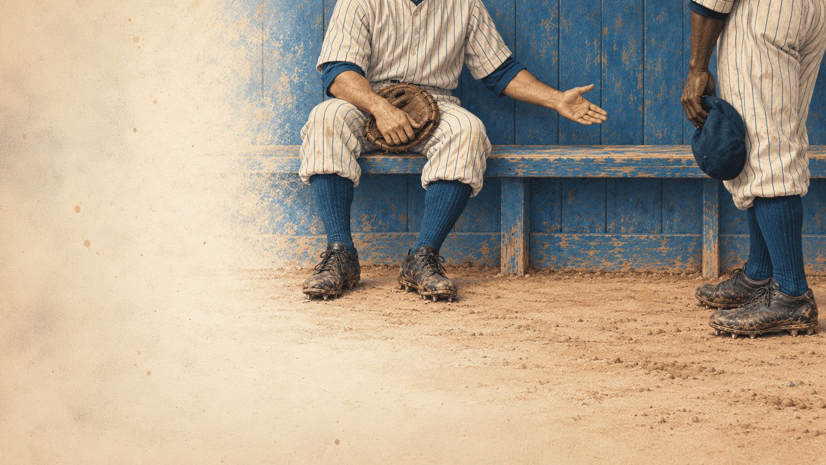 b1 Baseball players in vintage uniforms sitting on dugout bench with glove and baseball mitt.