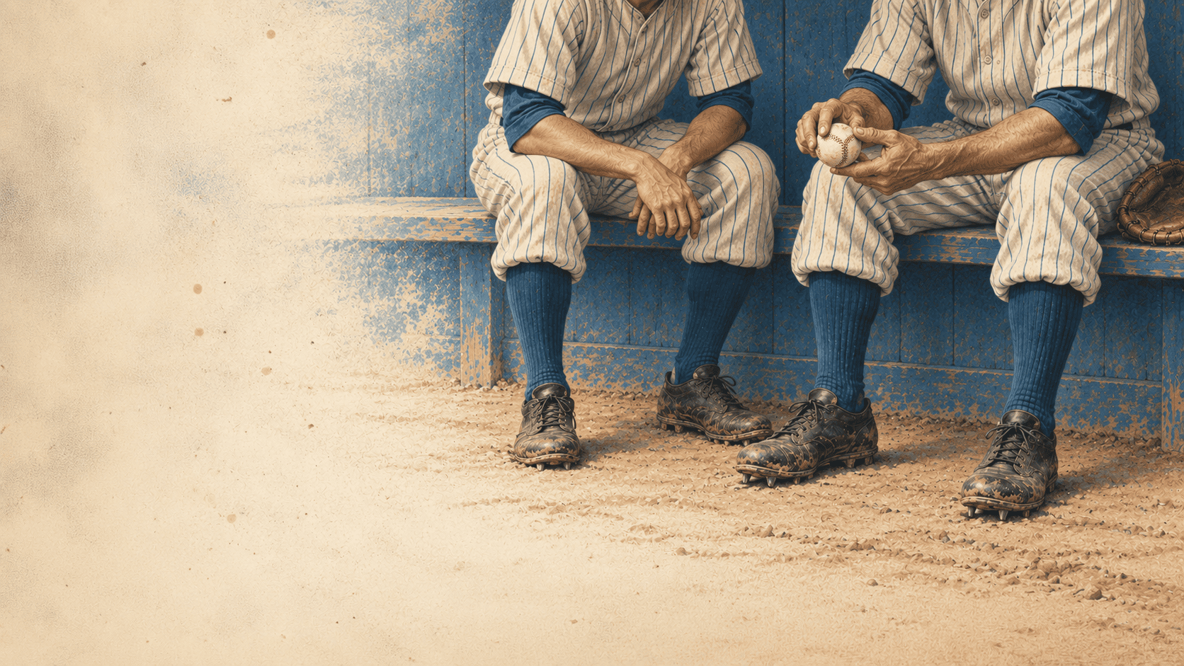 b2 Baseball players in pinstriped uniforms sit on dugout bench holding baseball, vintage style photo