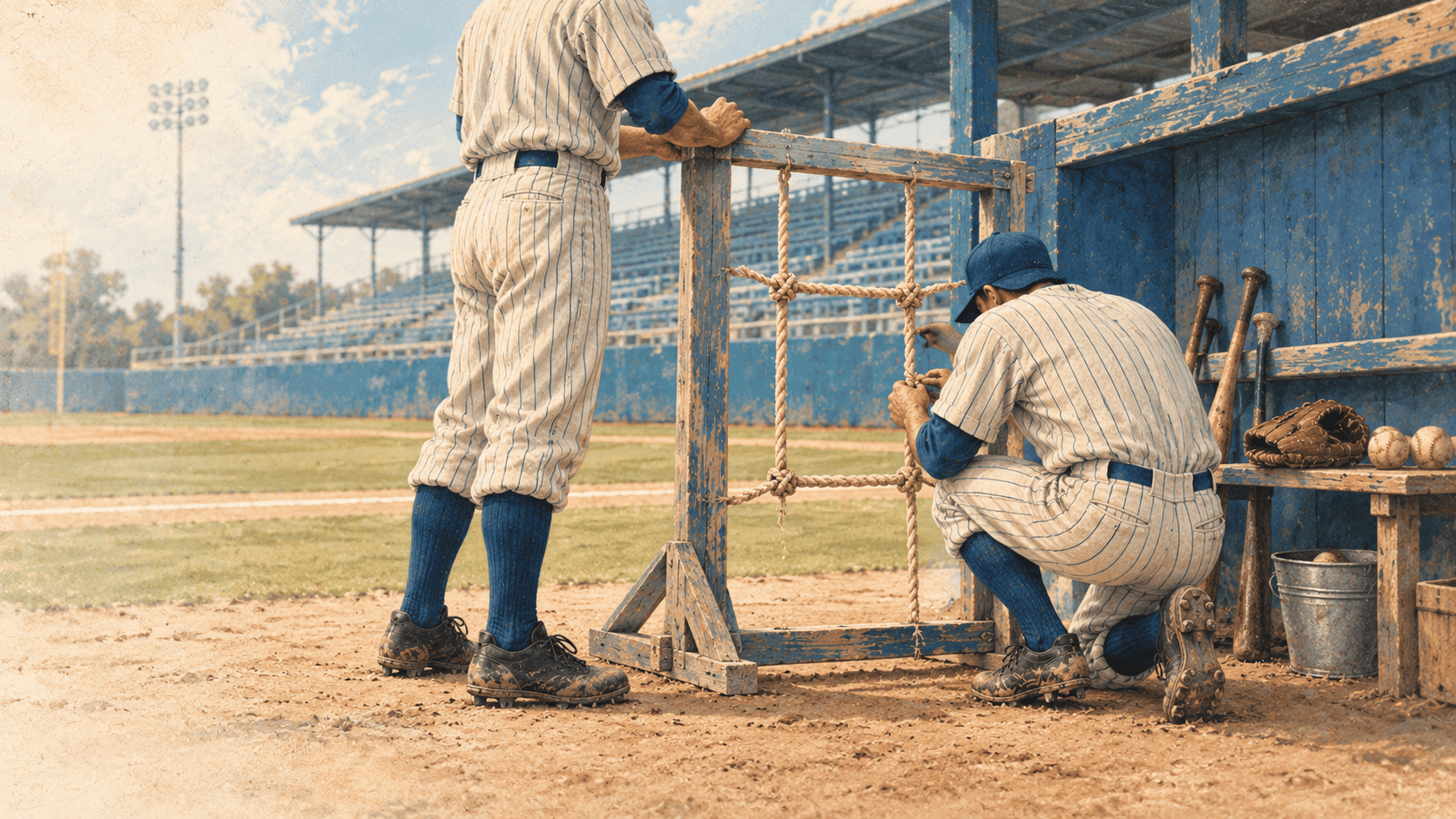 b3 Vintage baseball players in pinstriped uniforms at old dugout with rope swing and wooden bleachers in background