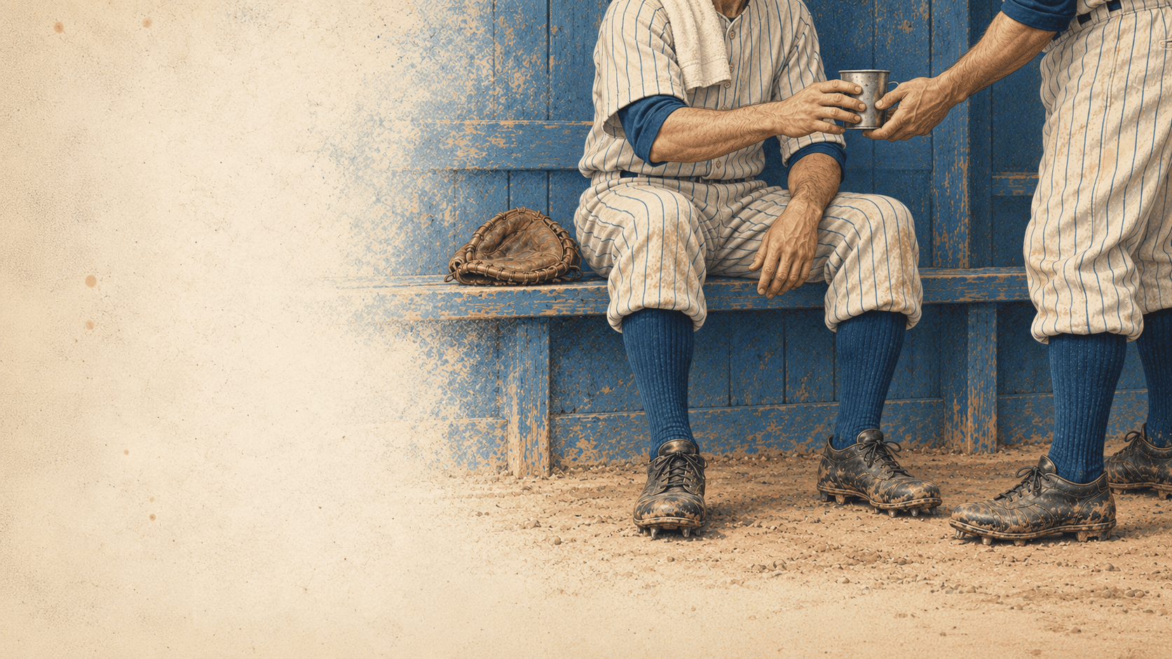 Vintage baseball players sitting on dugout bench sharing a drink during game break.
